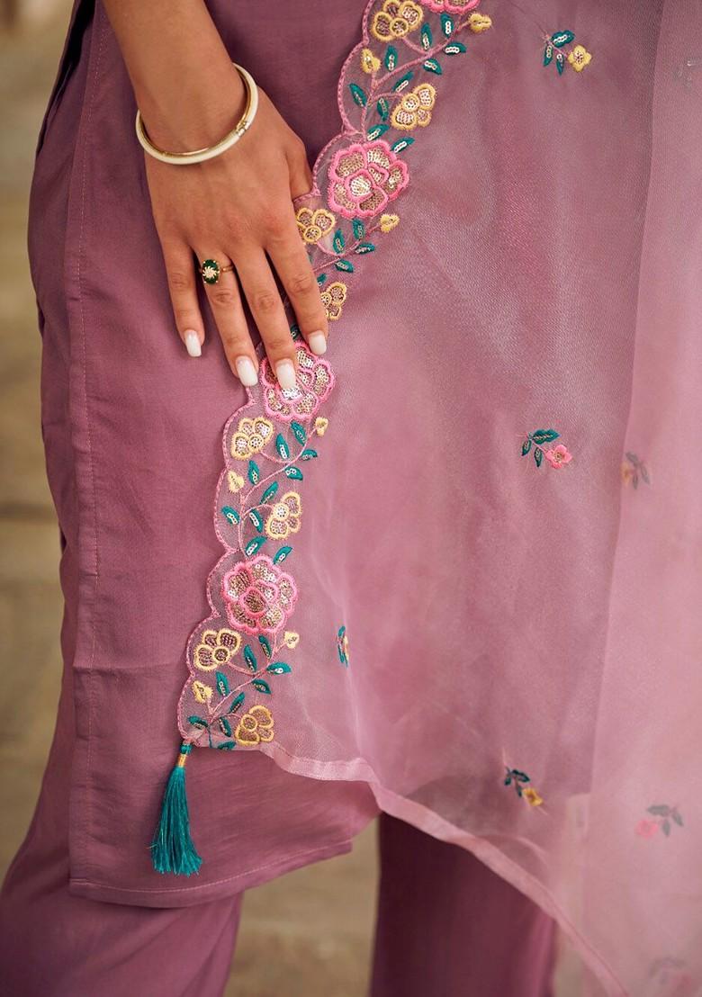 Purple Floral Embroidered Poly Blend Kurta Set