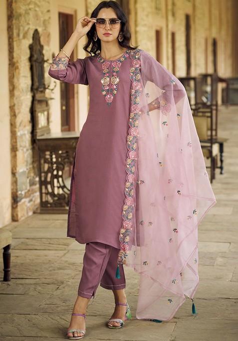 Purple Floral Embroidered Poly Blend Kurta Set