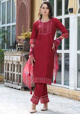 Red Floral Embroidered Poly Blend Kurta Set