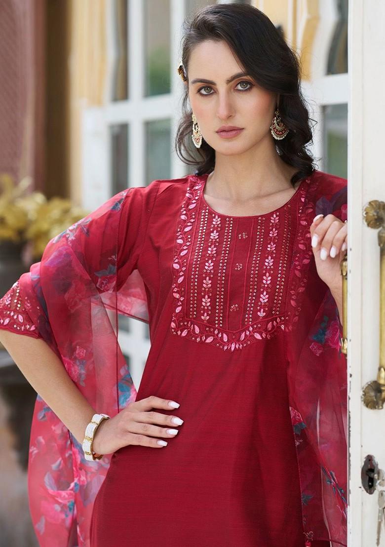Red Floral Embroidered Poly Blend Kurta Set
