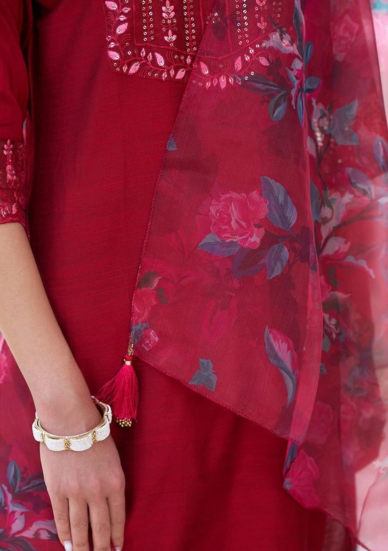 Red Floral Embroidered Poly Blend Kurta Set