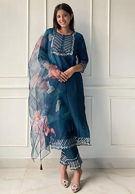 Teal Ethnic Motifs Embroidery Poly Blend Kurta Set