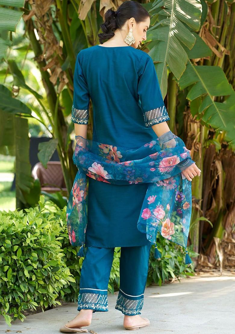 Teal Ethnic Motifs Embroidery Poly Blend Kurta Set