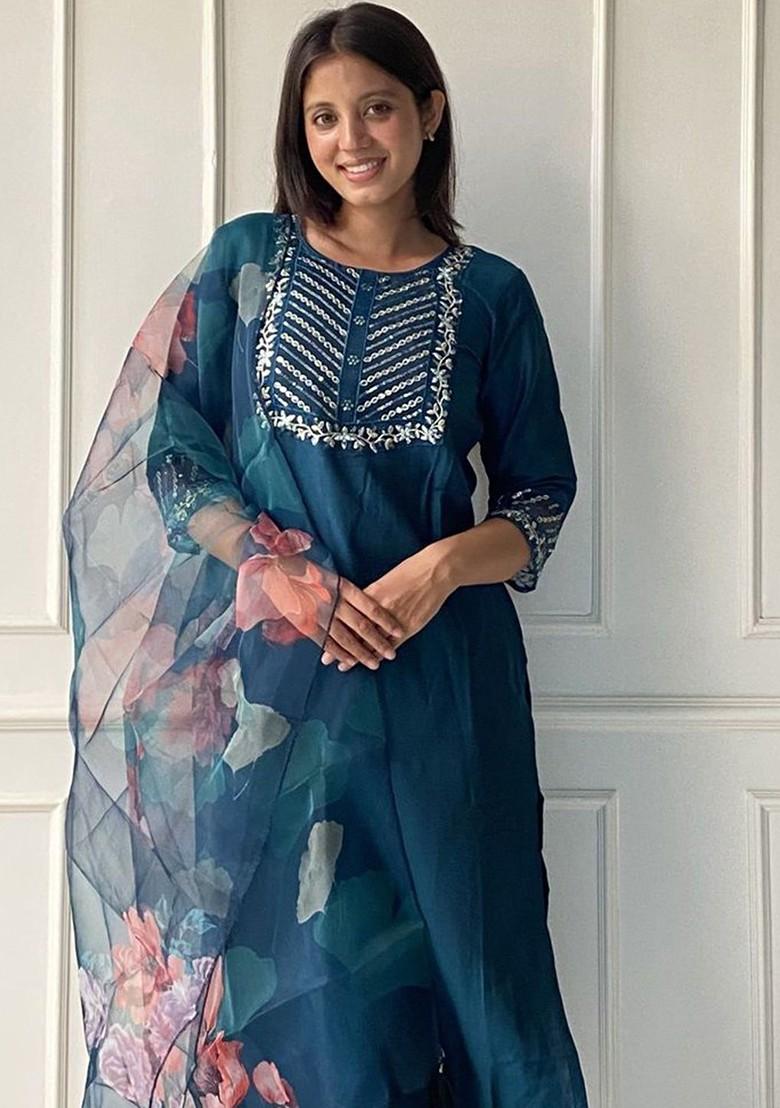 Teal Ethnic Motifs Embroidery Poly Blend Kurta Set