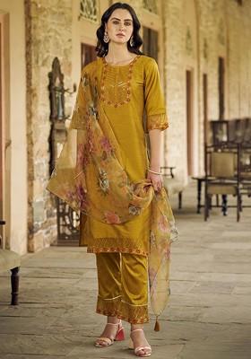 Mustard Floral Embroidered Poly Blend Kurta Set
