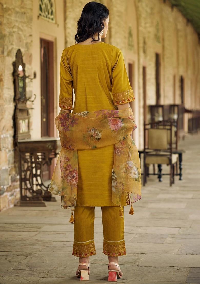 Mustard Floral Embroidered Poly Blend Kurta Set