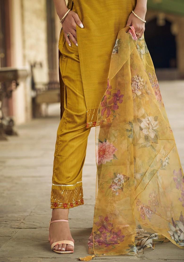 Mustard Floral Embroidered Poly Blend Kurta Set