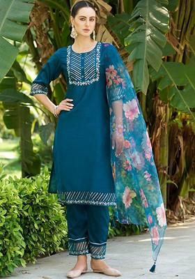 Teal Floral Embroidered Poly Blend Kurta Set