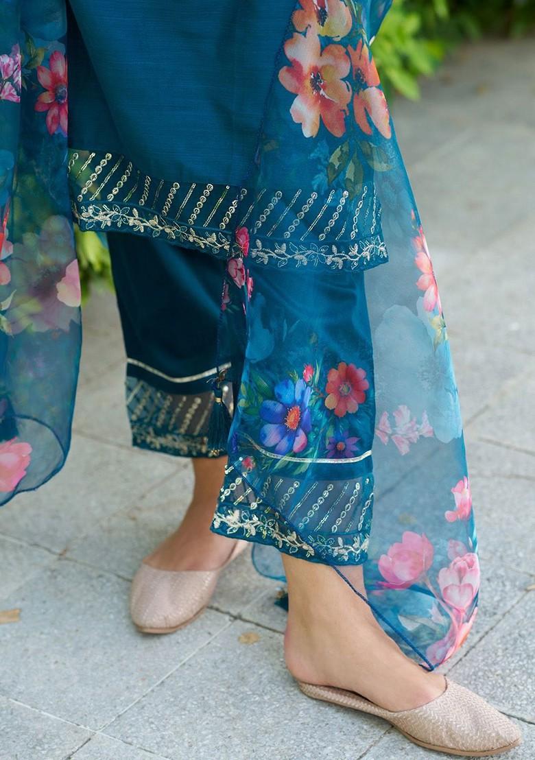 Teal Floral Embroidered Poly Blend Kurta Set