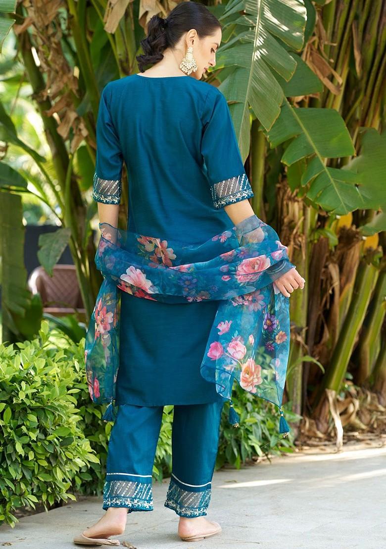 Teal Floral Embroidered Poly Blend Kurta Set