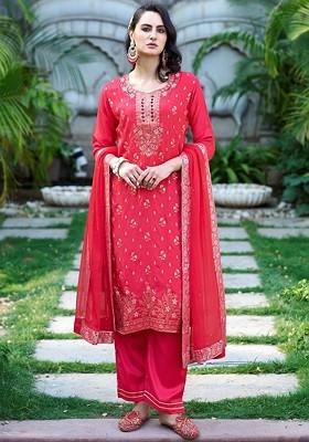 Pink Floral Embroidered Poly Blend Kurta Set