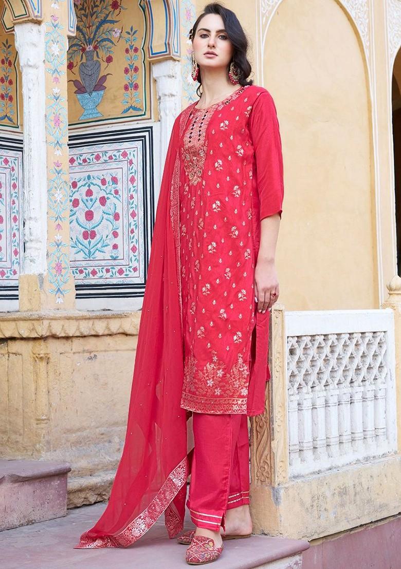 Pink Floral Embroidered Poly Blend Kurta Set