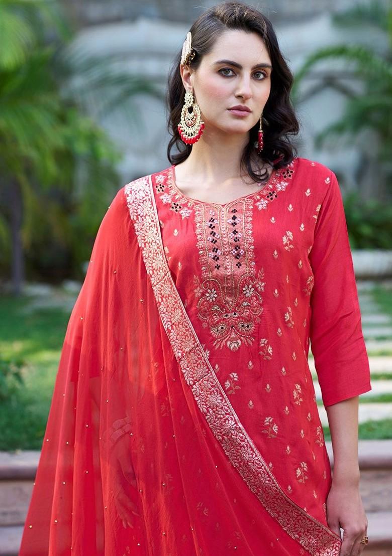 Pink Floral Embroidered Poly Blend Kurta Set