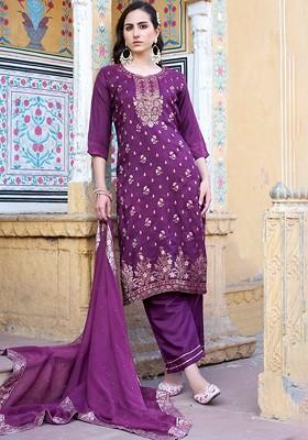 Purple Ethnic Motifs Embroidery Poly Blend Kurta Set