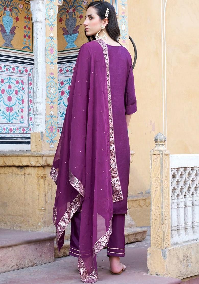 Purple Ethnic Motifs Embroidery Poly Blend Kurta Set