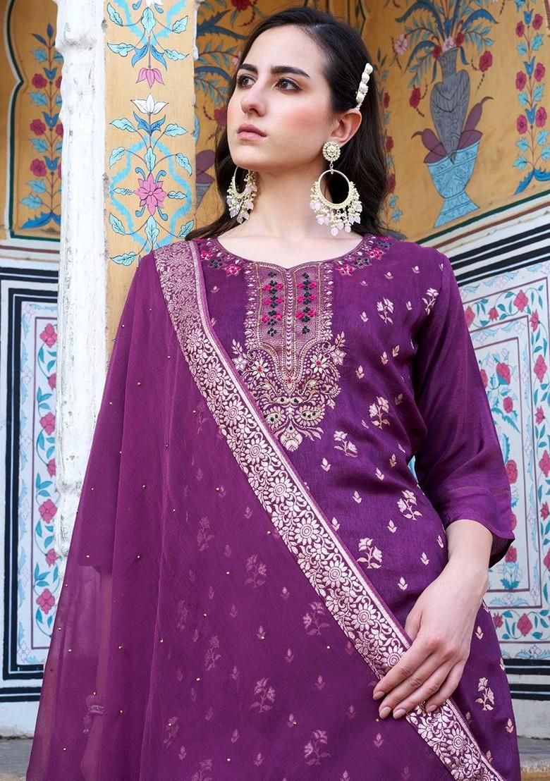 Purple Ethnic Motifs Embroidery Poly Blend Kurta Set