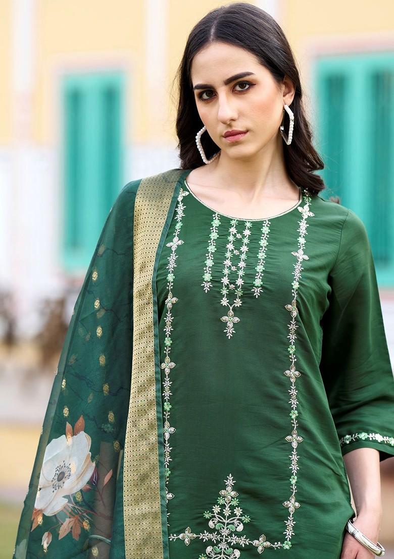 Green Ethnic Motifs Embroidery Poly Blend Kurta Set