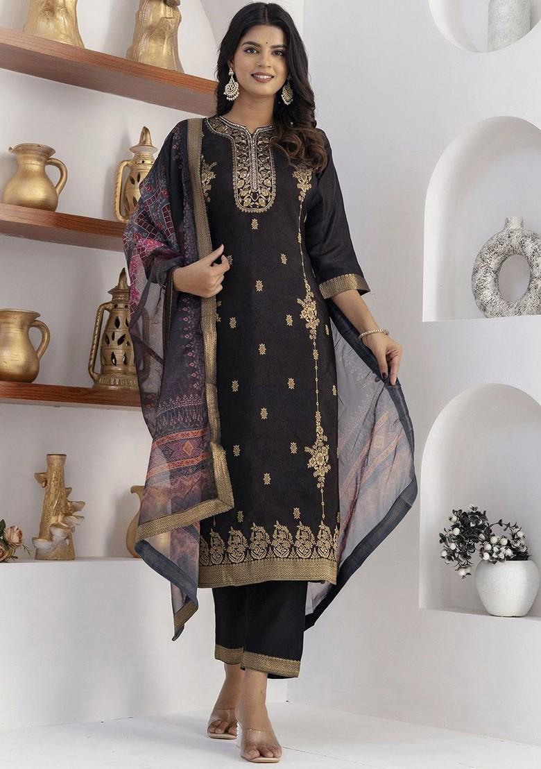 Black Printed Poly Blend Kurta Set