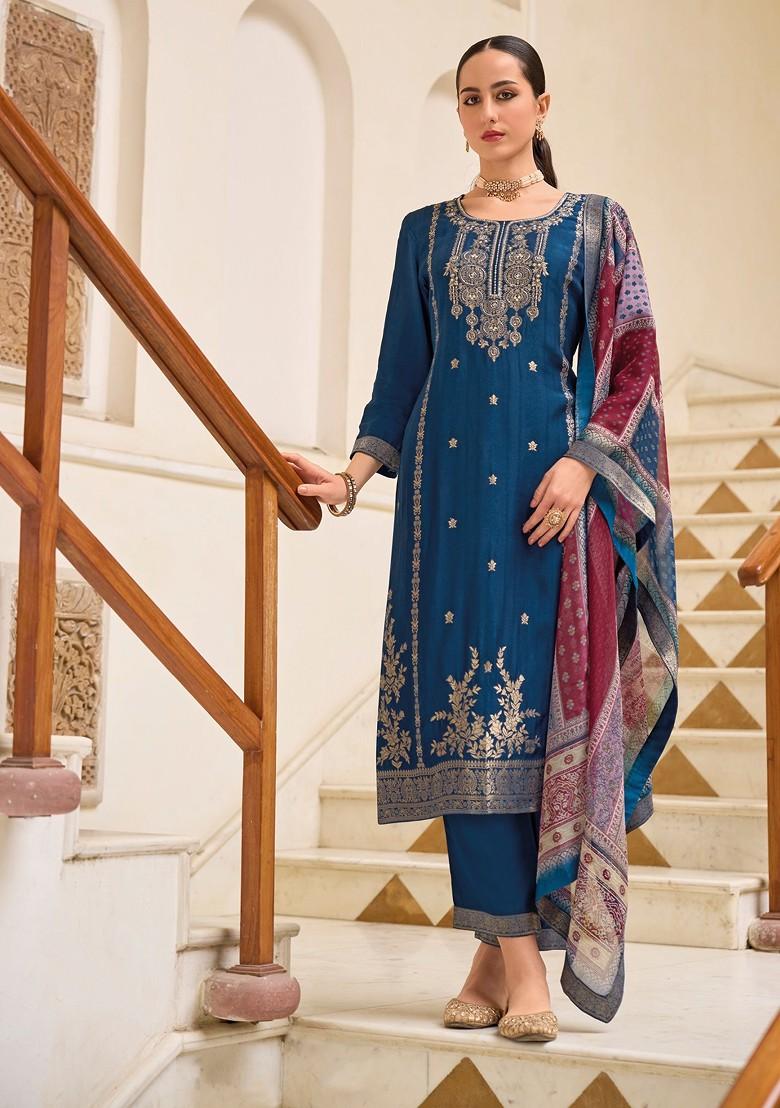 Blue Solid Poly Blend Kurta Set