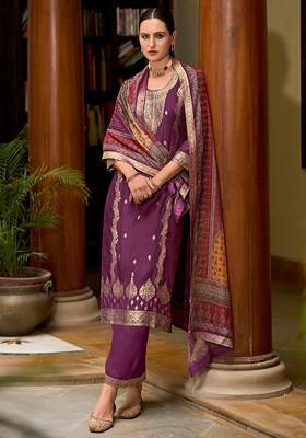 Purple Floral Embroidered Poly Blend Kurta Set