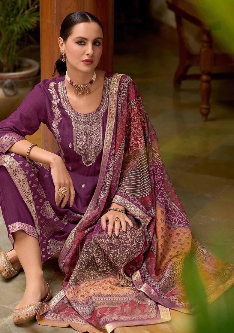 Purple Floral Embroidered Poly Blend Kurta Set