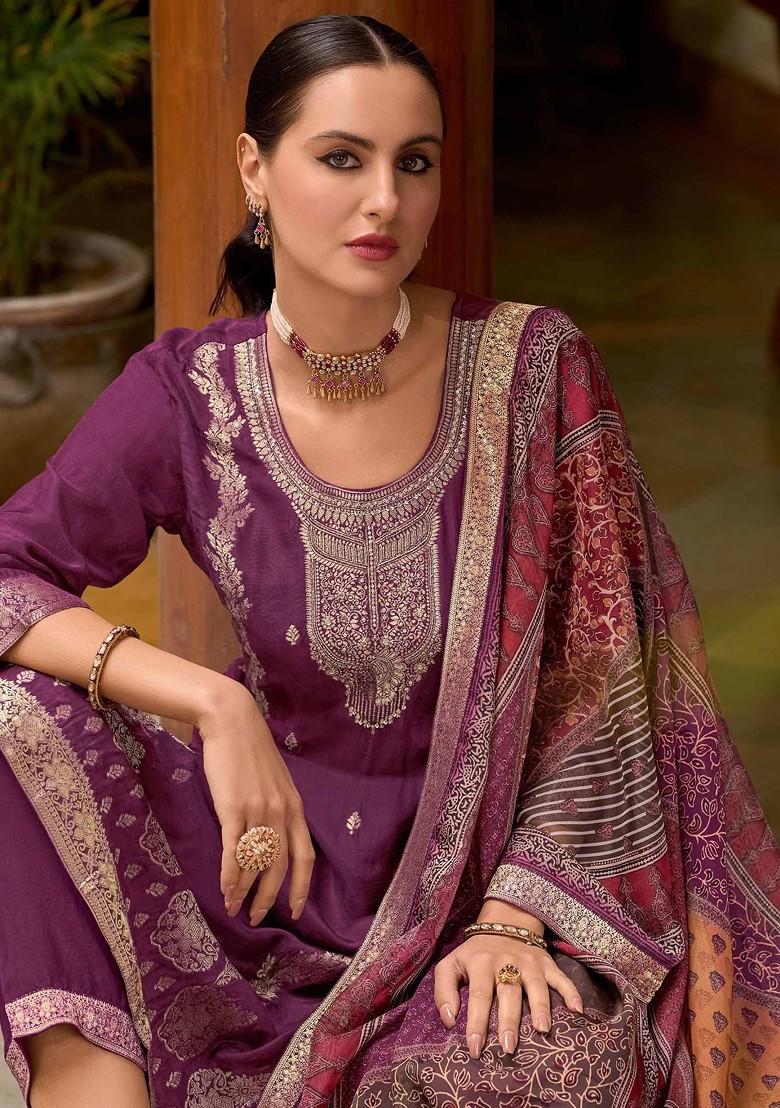 Purple Floral Embroidered Poly Blend Kurta Set