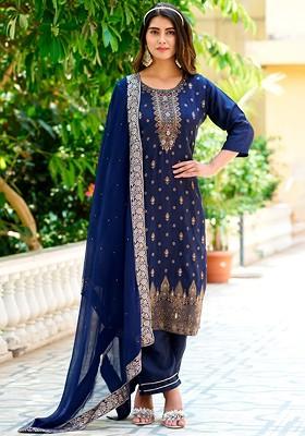 Blue Ethnic Motifs Embroidery Poly Blend Kurta Set
