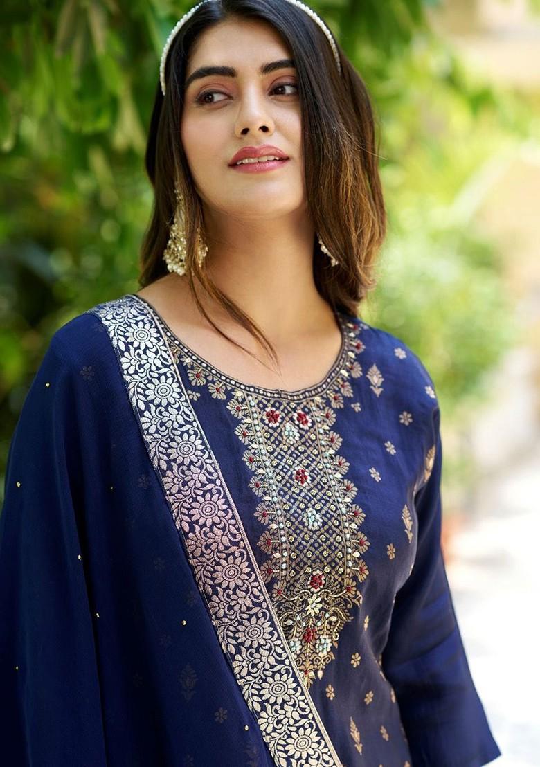 Blue Ethnic Motifs Embroidery Poly Blend Kurta Set
