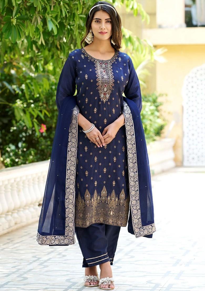 Blue Ethnic Motifs Embroidery Poly Blend Kurta Set