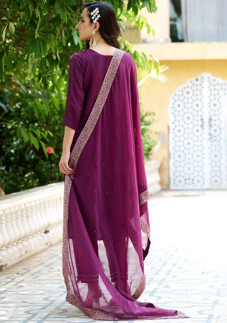 Purple Ethnic Motifs Embroidery Poly Blend Kurta Set