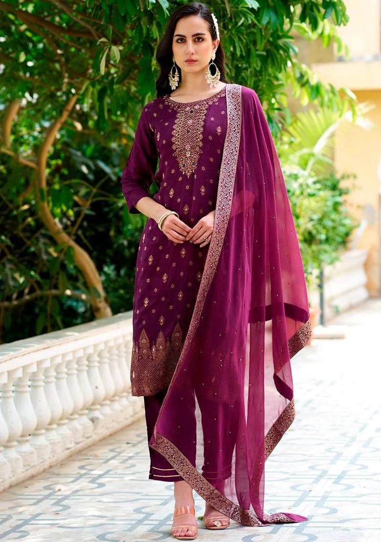 Purple Ethnic Motifs Embroidery Poly Blend Kurta Set