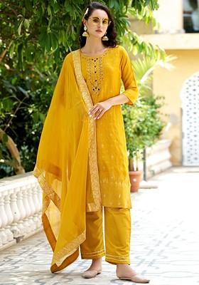 Yellow Ethnic Motifs Embroidery Poly Blend Kurta Set