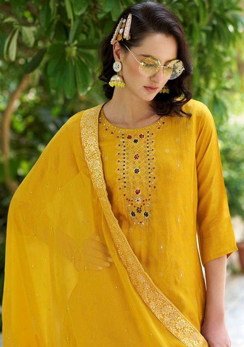 Yellow Ethnic Motifs Embroidery Poly Blend Kurta Set