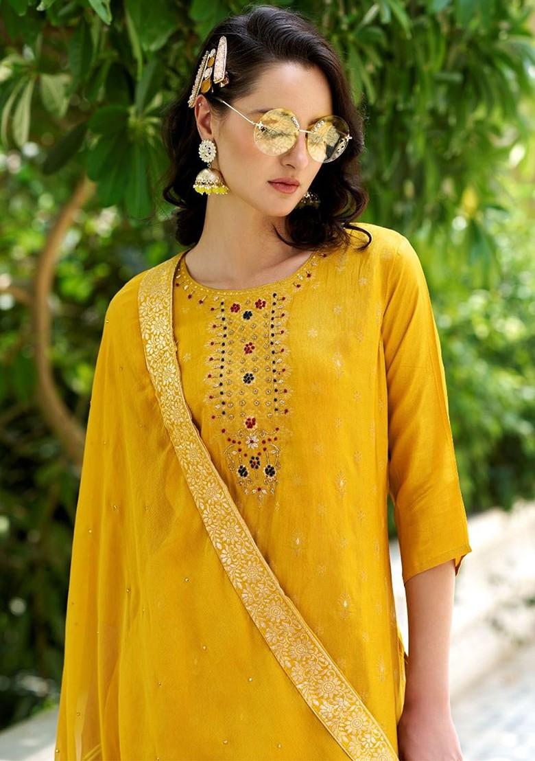 Yellow Ethnic Motifs Embroidery Poly Blend Kurta Set