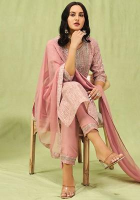 Peach Printed Poly Blend Kurta Set