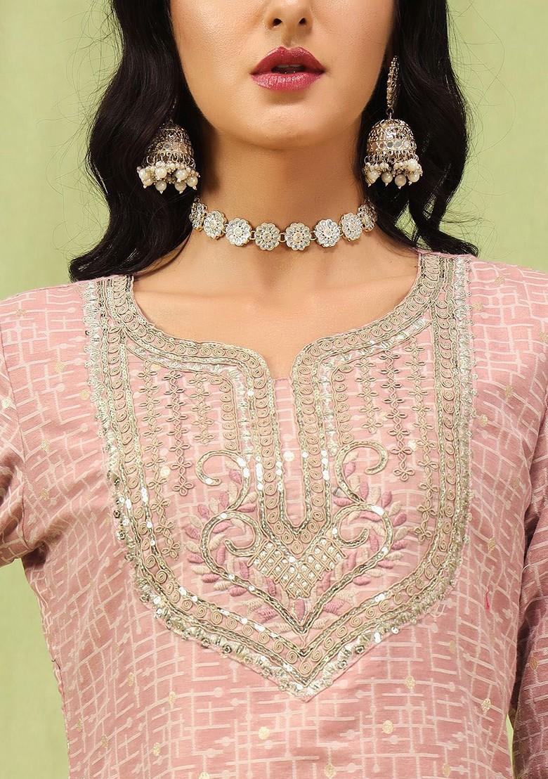 Peach Printed Poly Blend Kurta Set