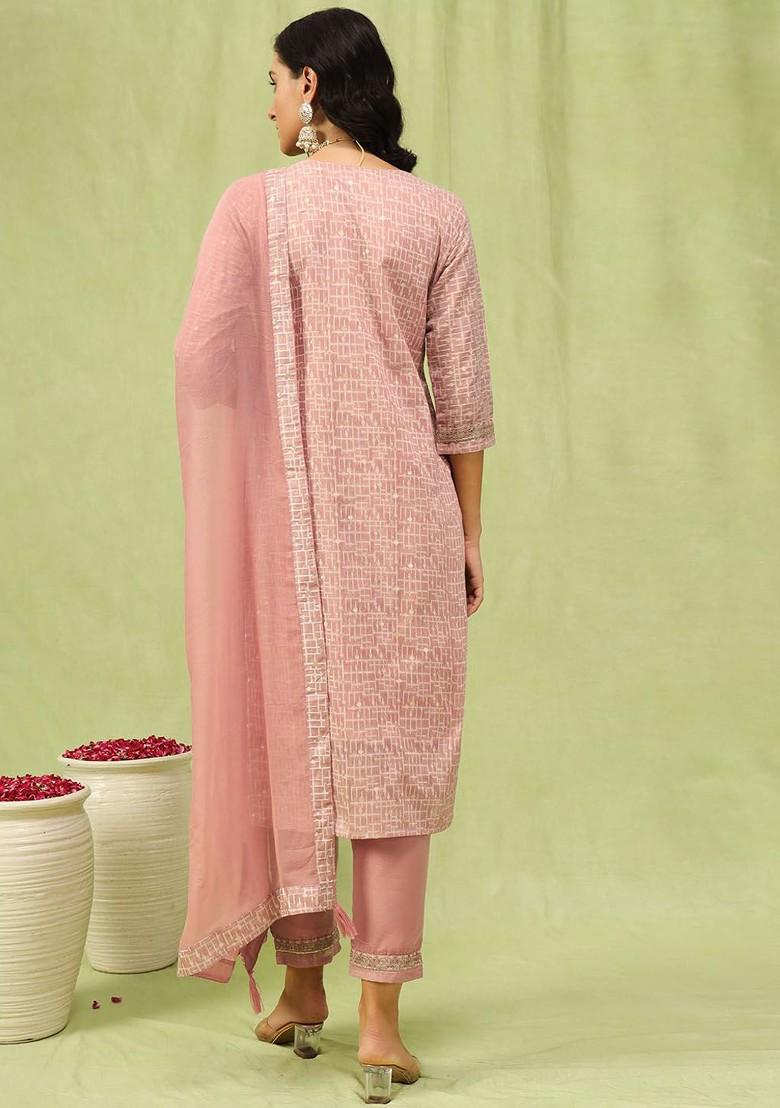 Peach Printed Poly Blend Kurta Set