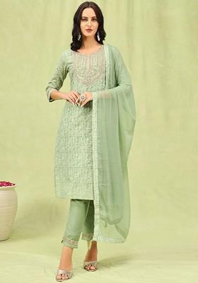 Green Printed Poly Blend Kurta Set With Dupatta