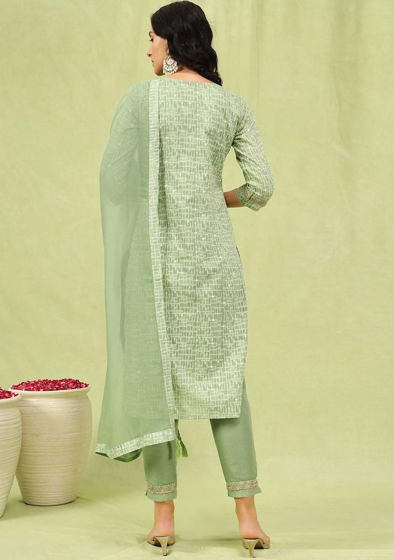 Green Printed Poly Blend Kurta Set