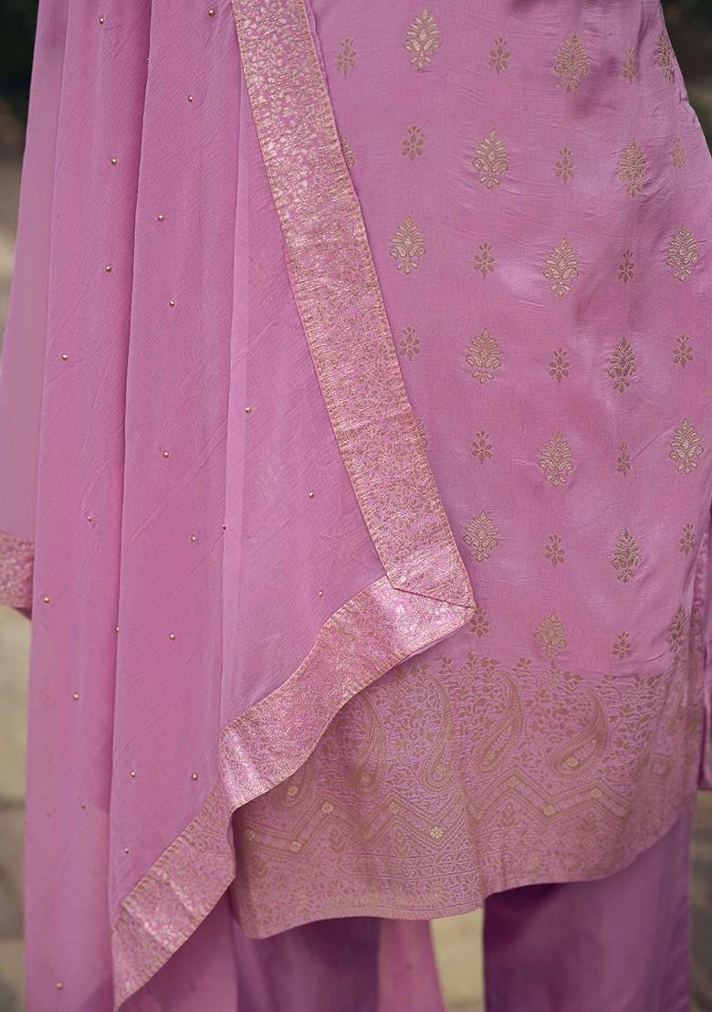 Lavender Ethnic Motifs Embroidery Poly Blend Kurta Set