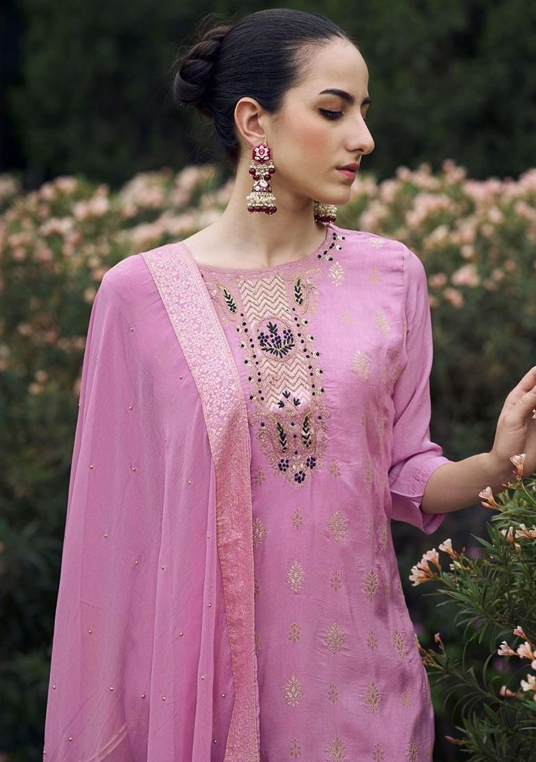 Lavender Ethnic Motifs Embroidery Poly Blend Kurta Set