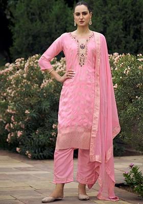 Pink Ethnic Motifs Embroidery Poly Blend Kurta Set