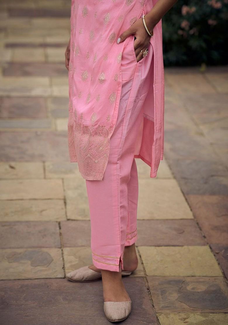 Pink Ethnic Motifs Embroidery Poly Blend Kurta Set