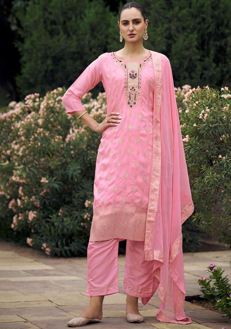 Pink Ethnic Motifs Embroidery Poly Blend Kurta Set