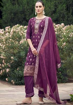Purple Ethnic Motifs Embroidery Poly Blend Kurta Set