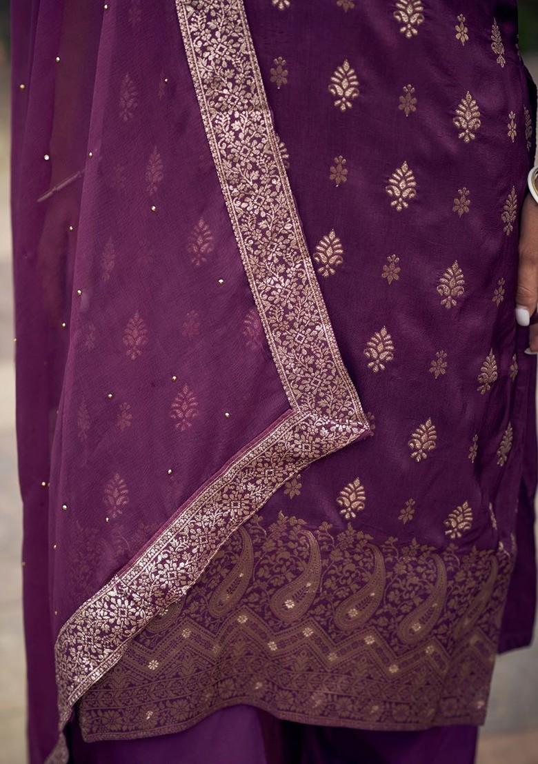Purple Ethnic Motifs Embroidery Poly Blend Kurta Set
