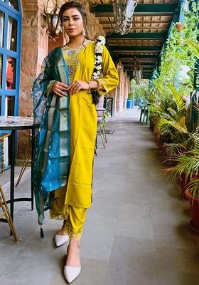 Yellow Printed Poly Blend Kurta Set