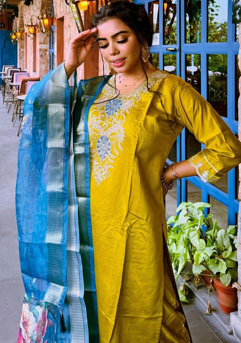 Yellow Printed Poly Blend Kurta Set