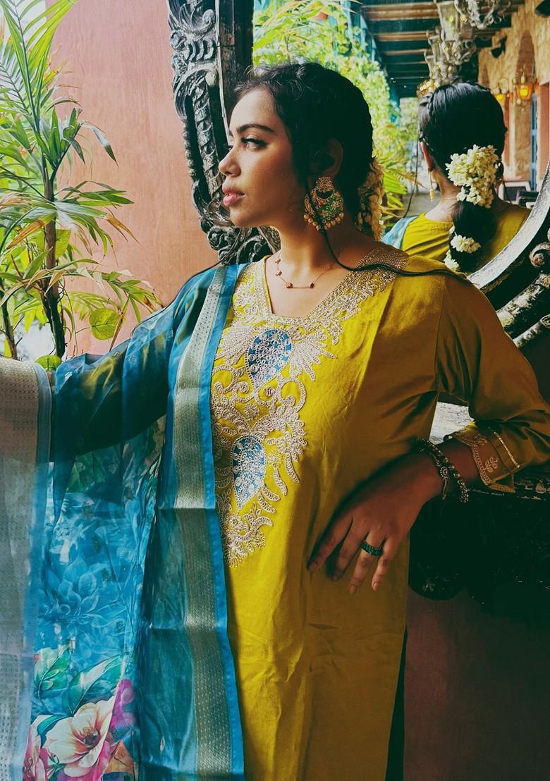 Yellow Printed Poly Blend Kurta Set