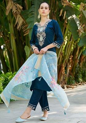 Blue Floral Embroidered Poly Blend Kurta Set